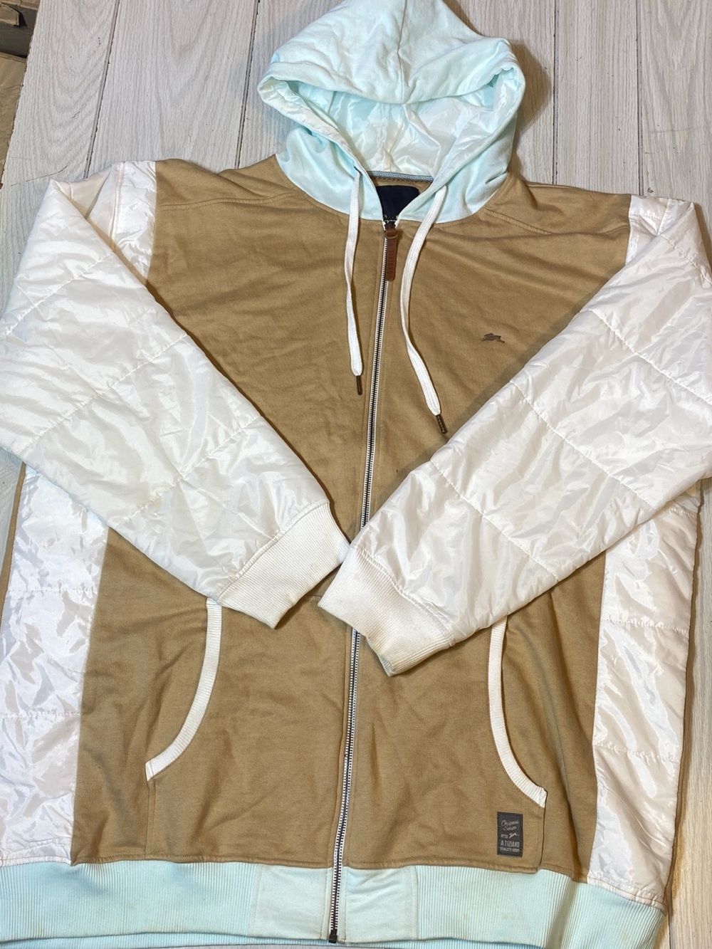 A. Tiziano Men's Full Zip Hoodie Jacket Tan White Quilted Sleeves Size 5X 5XL